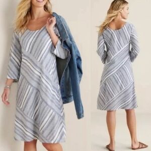 SOFT SURROUNDINGS Sonya Blue Striped Linen Dress Pockets Coastal Size L PETITE
